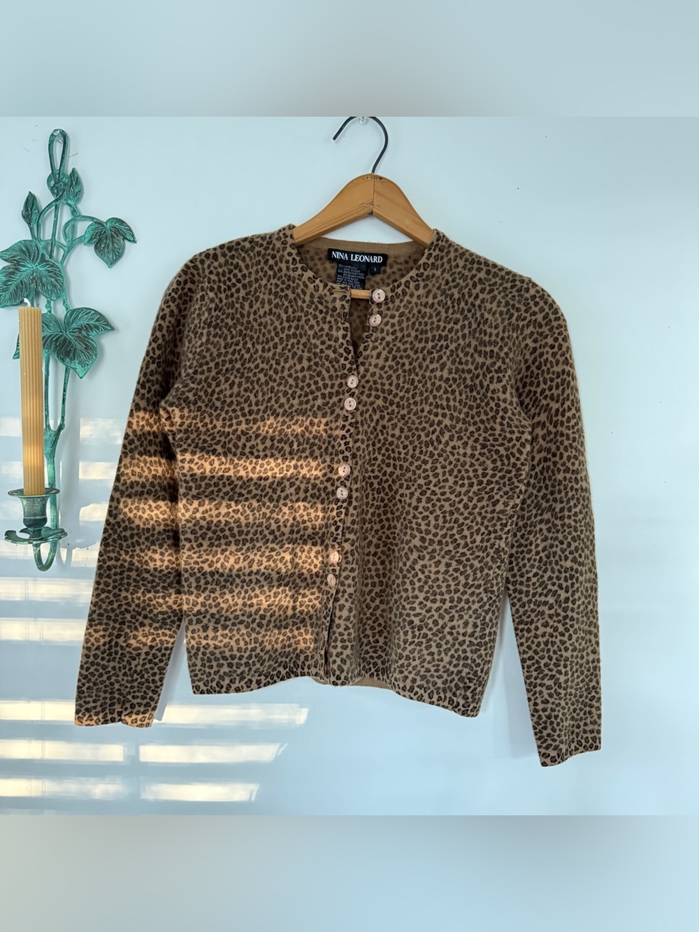 Vintage Nina Leonard Lambswool Angora Leopard Print Small Fit Cardigan S Button - Picture 3 of 7